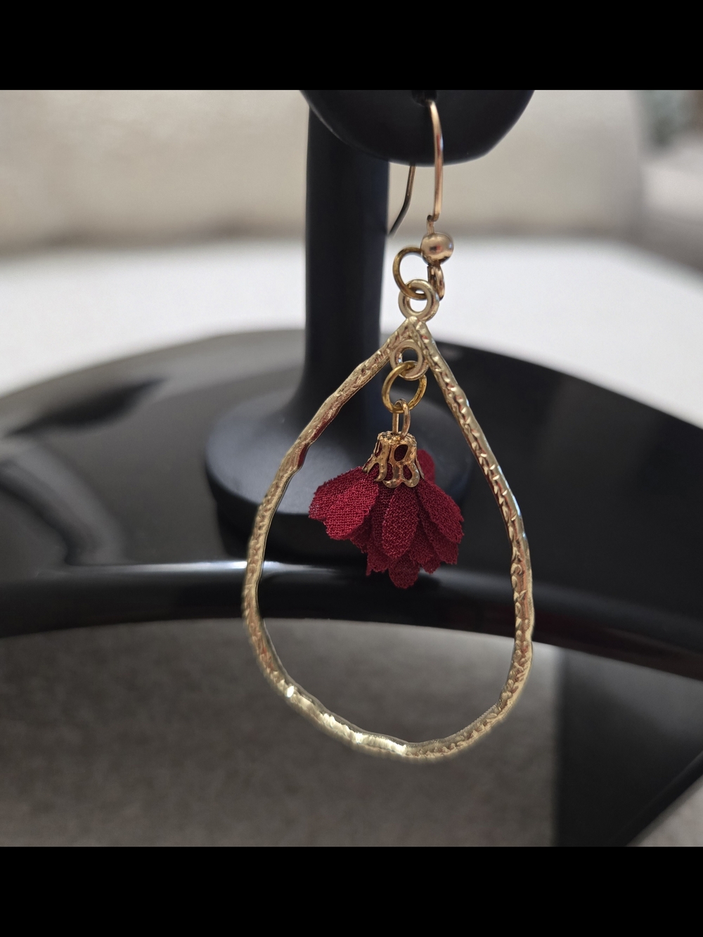 Gold Teardrop Earrings with Burgundy Fabric Tassel